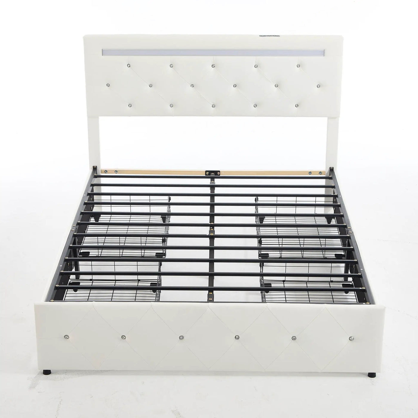Upholstered Bed Frame With LED Lights, 4 Storage Drawers, Charging Station by HouseOfZazla
