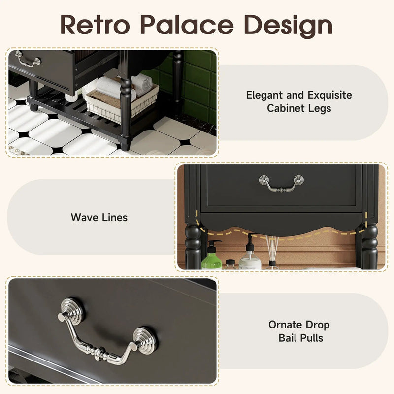 Wave Design Bathroom Vanity With Sink, 2 Drawers And Open Shelf