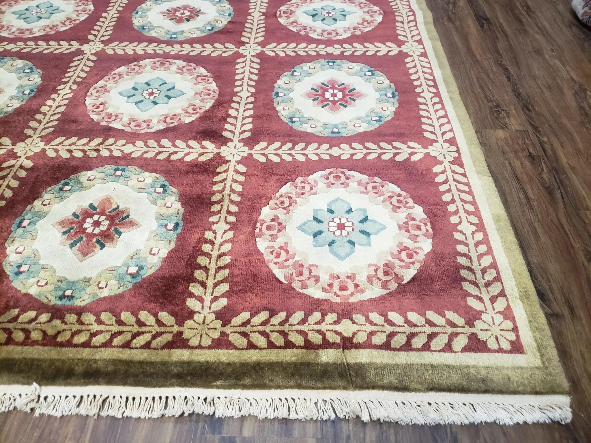 Nepalese Aubusson Panel Rug 6x9, Red & Ivory Soft Plush Tibetan Pile Rug, Wool Hand-Knotted Carpet, 6 x 9 Elegant Area Rug, Office Room Rug by Jewel Rugs
