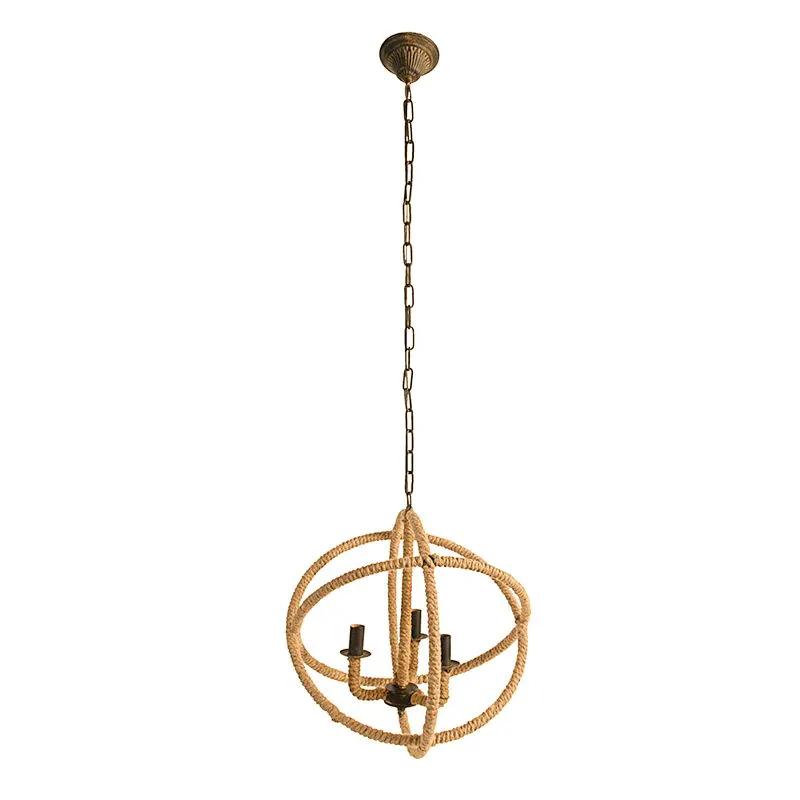 3 Light Farmhouse Chandelier, Rope Chandelier Globe Hanging Light Fixture With With Adjustable Chain For Kitchen, Bulb Not Included - Beige Brown by HouseOfZazla
