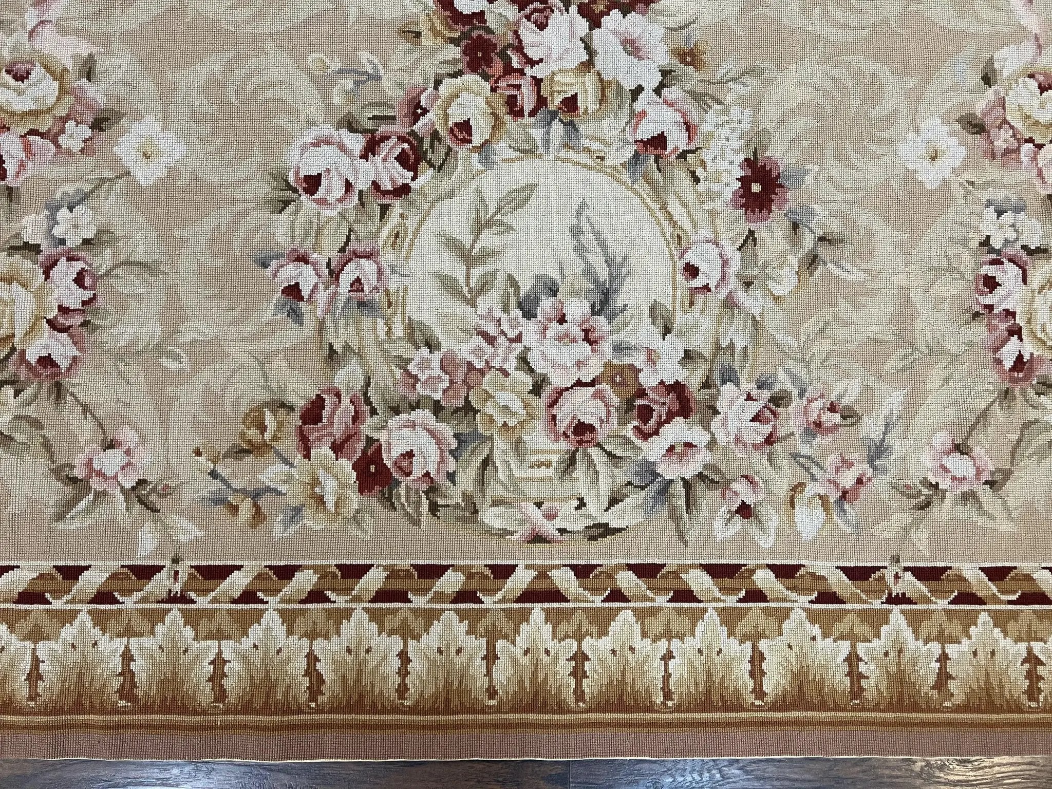 Aubusson Rug 9x12, Elegant Savonnerie Carpet 9 x 12 ft, Beige Ivory Tan, Floral, Flatweave Wool Handmade Area Rug 9 x 12 ft, European French by Jewel Rugs