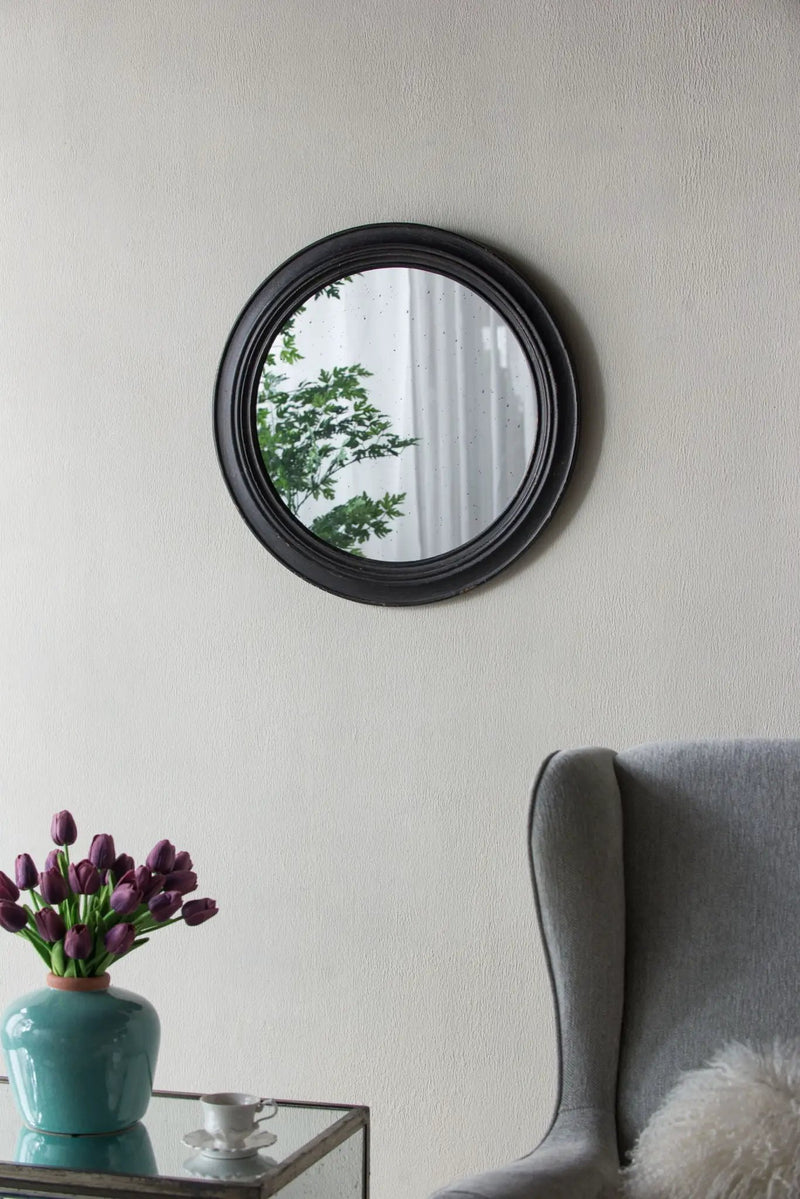 Circle Wall Mirror With Wooden Frame, Antique Classic Accent Mirror, For Living Room - Black by HouseOfZazla