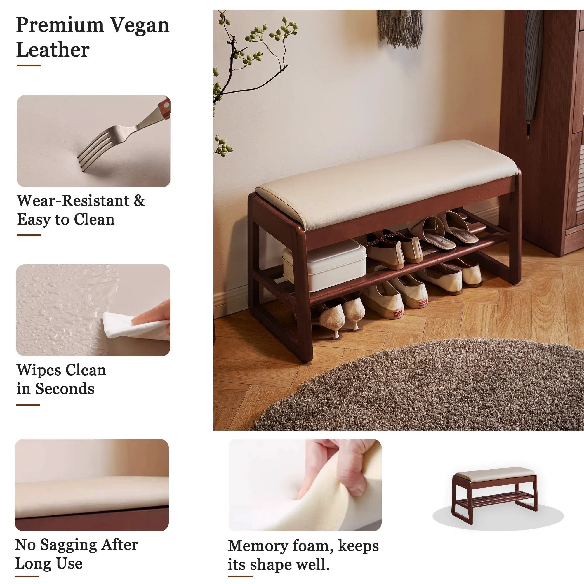 Wood Shoe Storage Bench with Premium Vegan Leather Seat by HouseOfZazla