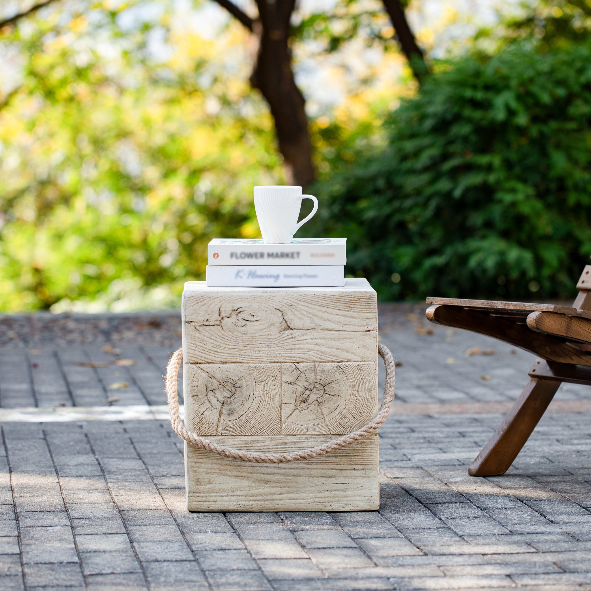 Outdoor Wood Grain Square MGO Side Table with Simulated Braided Cord by HouseOfZazla
