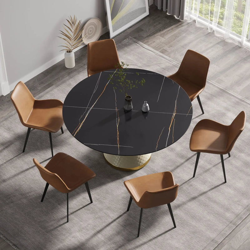 59.05" Modern Artificial Stone Round Carbon Steel Base Dining Table, Can Accommodate 6 People - Black / White by HouseOfZazla