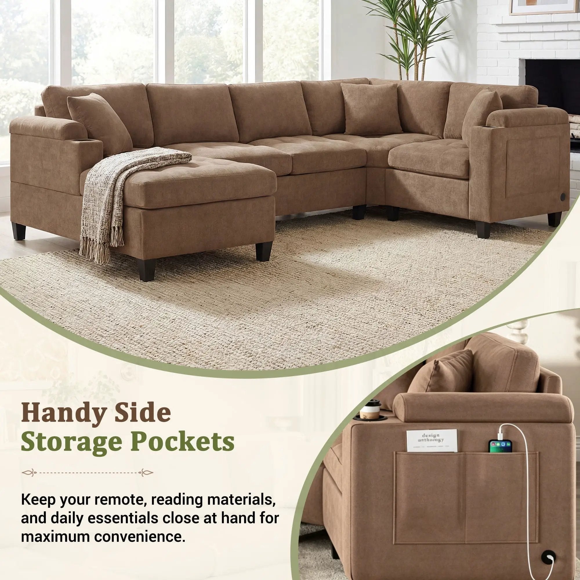 U Shaped Sectional Sofa, Corner Living Room Couch With Built In Cup Holders, Storage, USB Ports by Unique Piece Furniture