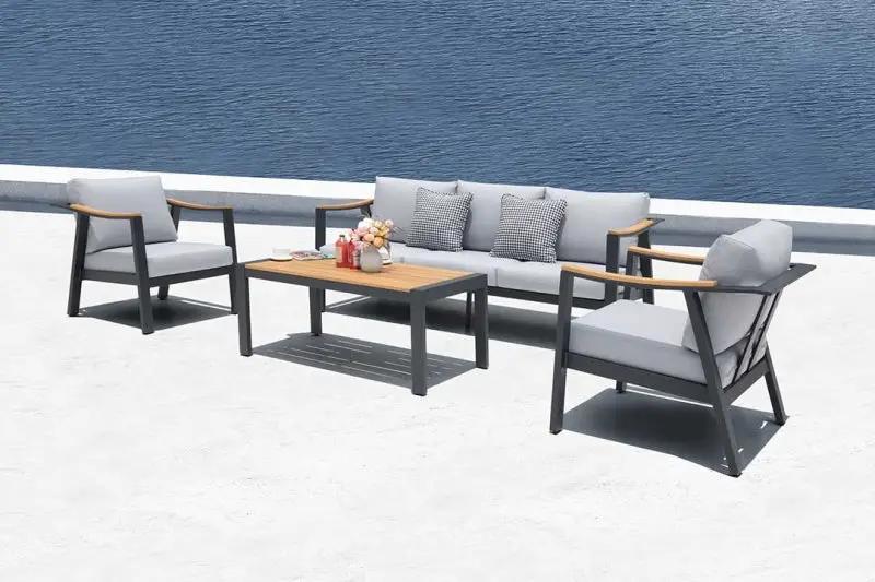 Nova 4-Piece Aluminum & Teak Sofa Set with Stationary Chairs by Outdoor-USA®