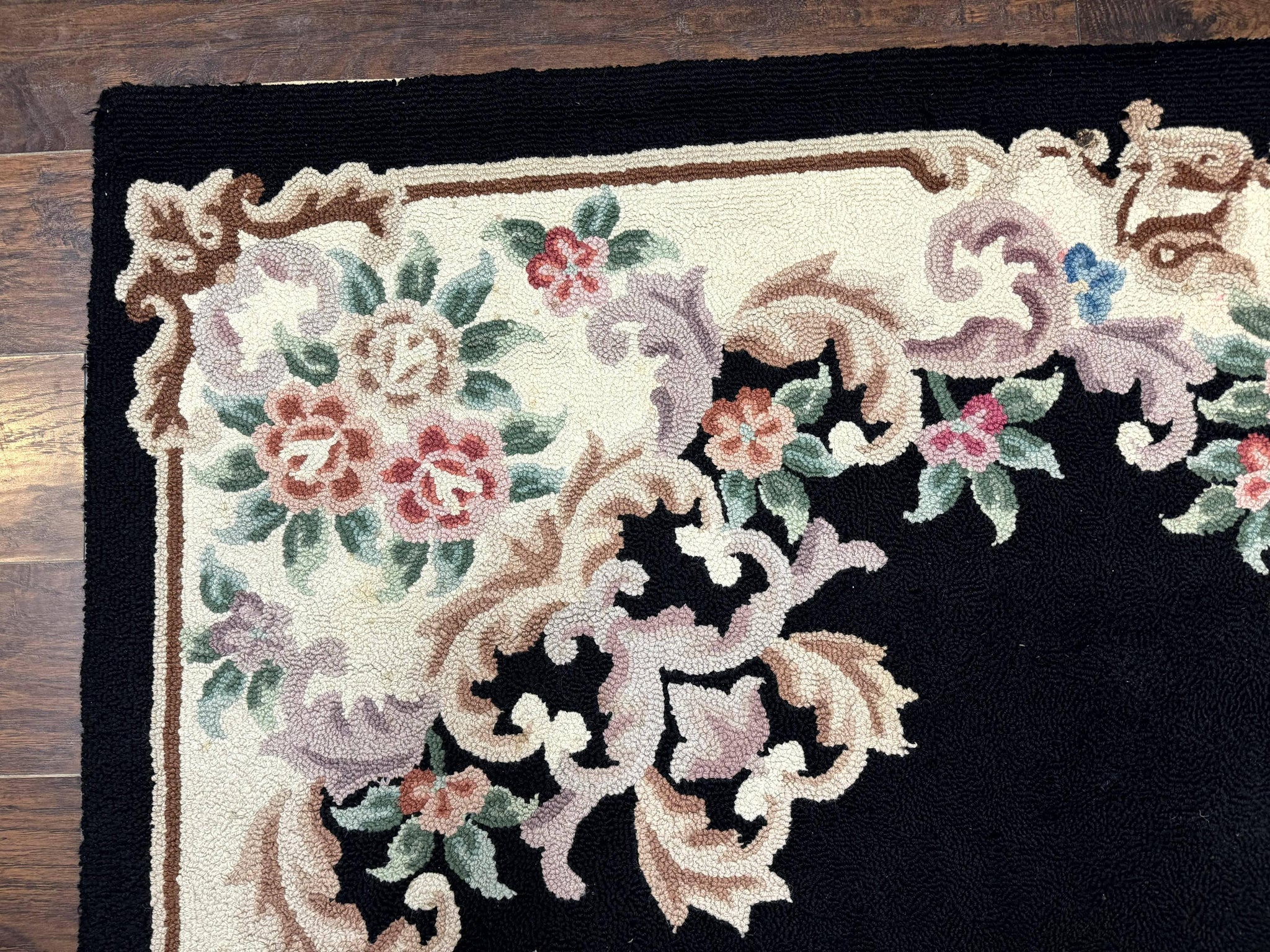 Aubusson Rug 8x11, Black and Ivory, Hooked Rug, Vintage, Wool by Jewel Rugs