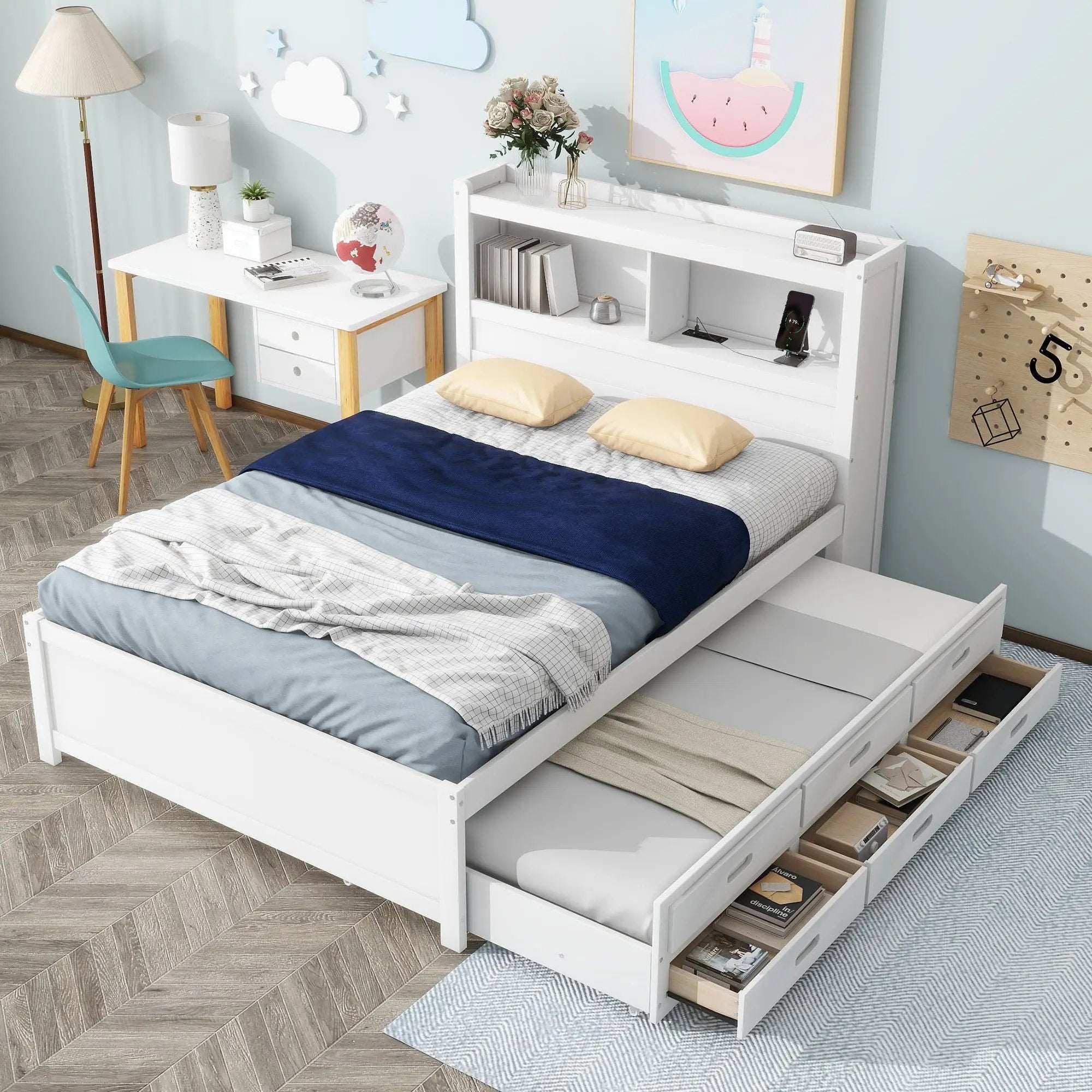 Full Size Platform Bed With Trundle, Drawers, USB Ports And Built In Shelves - White by Unique Piece Furniture