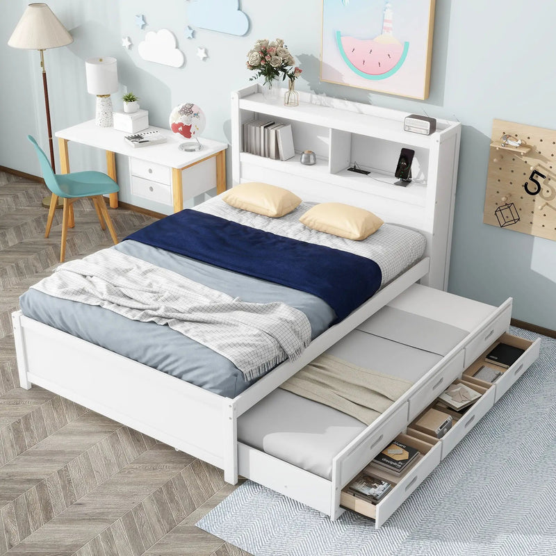 Full Size Platform Bed With Trundle, Drawers, USB Ports And Built In Shelves - White by HouseOfZazla