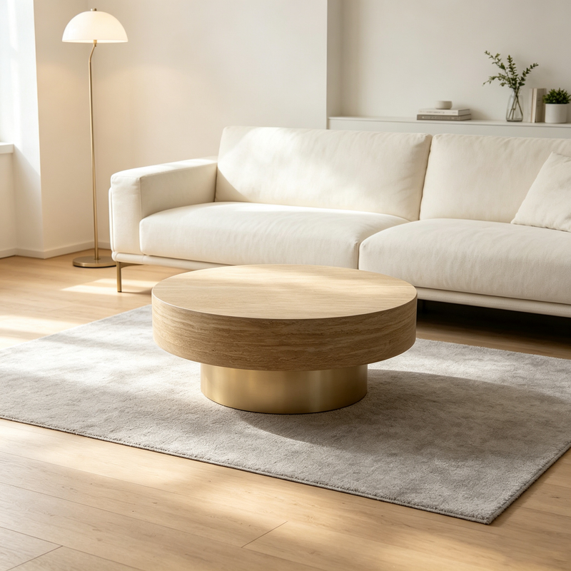 31.88 Inch Round Travertine Coffee Table with MDF Base - Beige, photo 4 of 10