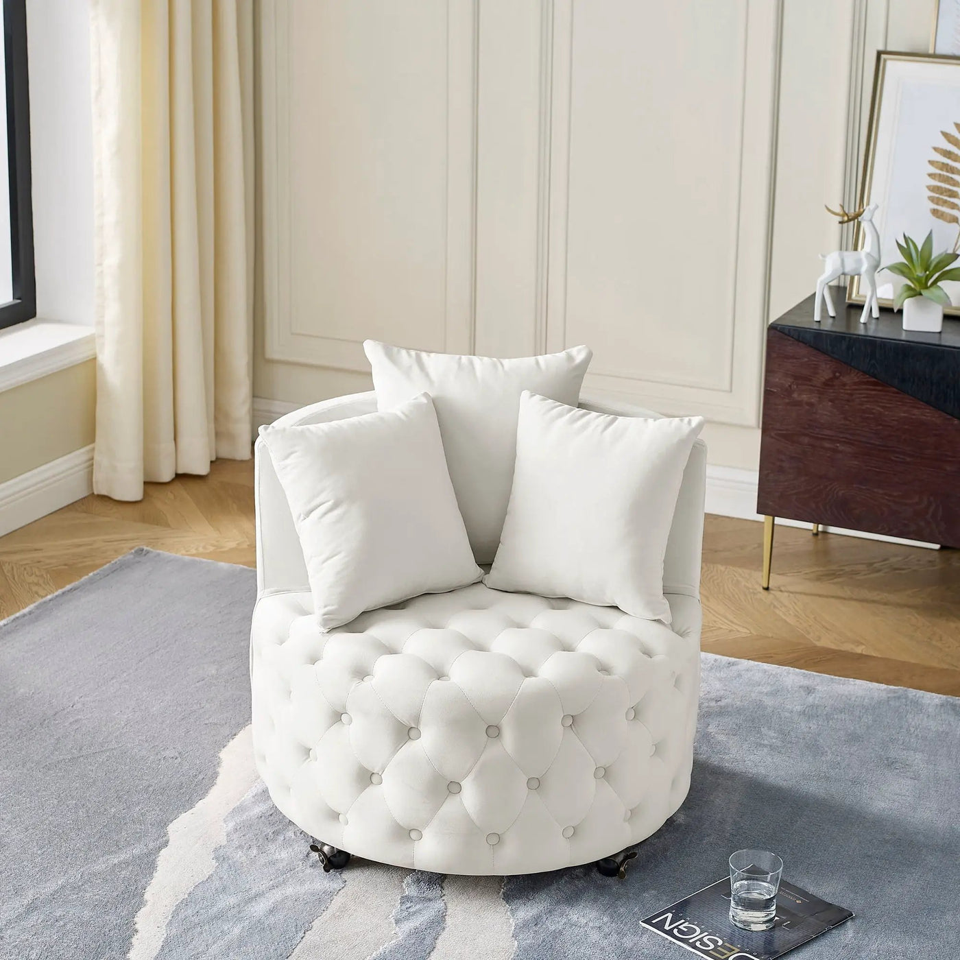 Modern Upholstered Swivel Chair With Button Tufted Design And Movable Wheels by HouseOfZazla