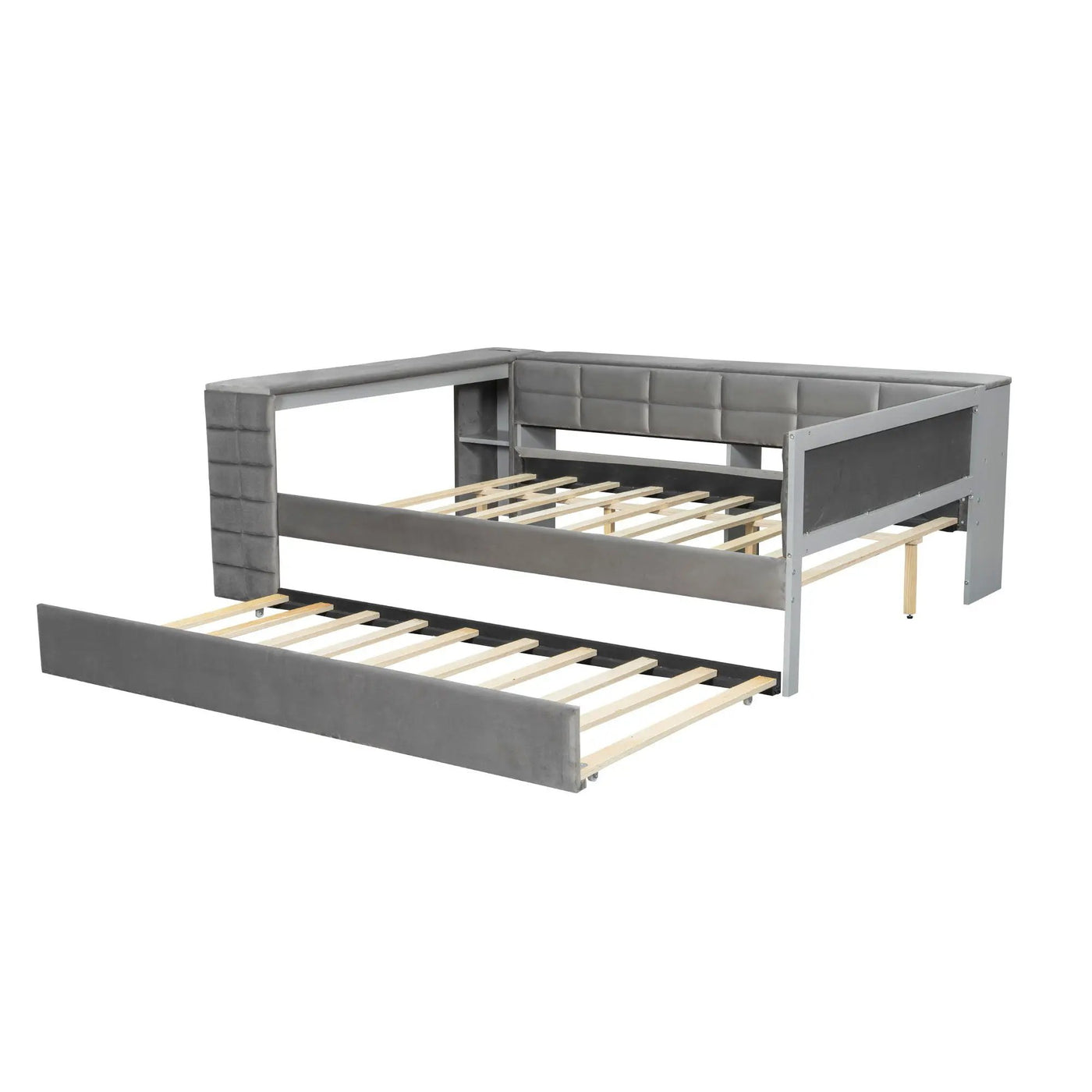 Upholstered Platform Bed With Storage Shelves, Desk, Charging Station And Trundle by HouseOfZazla