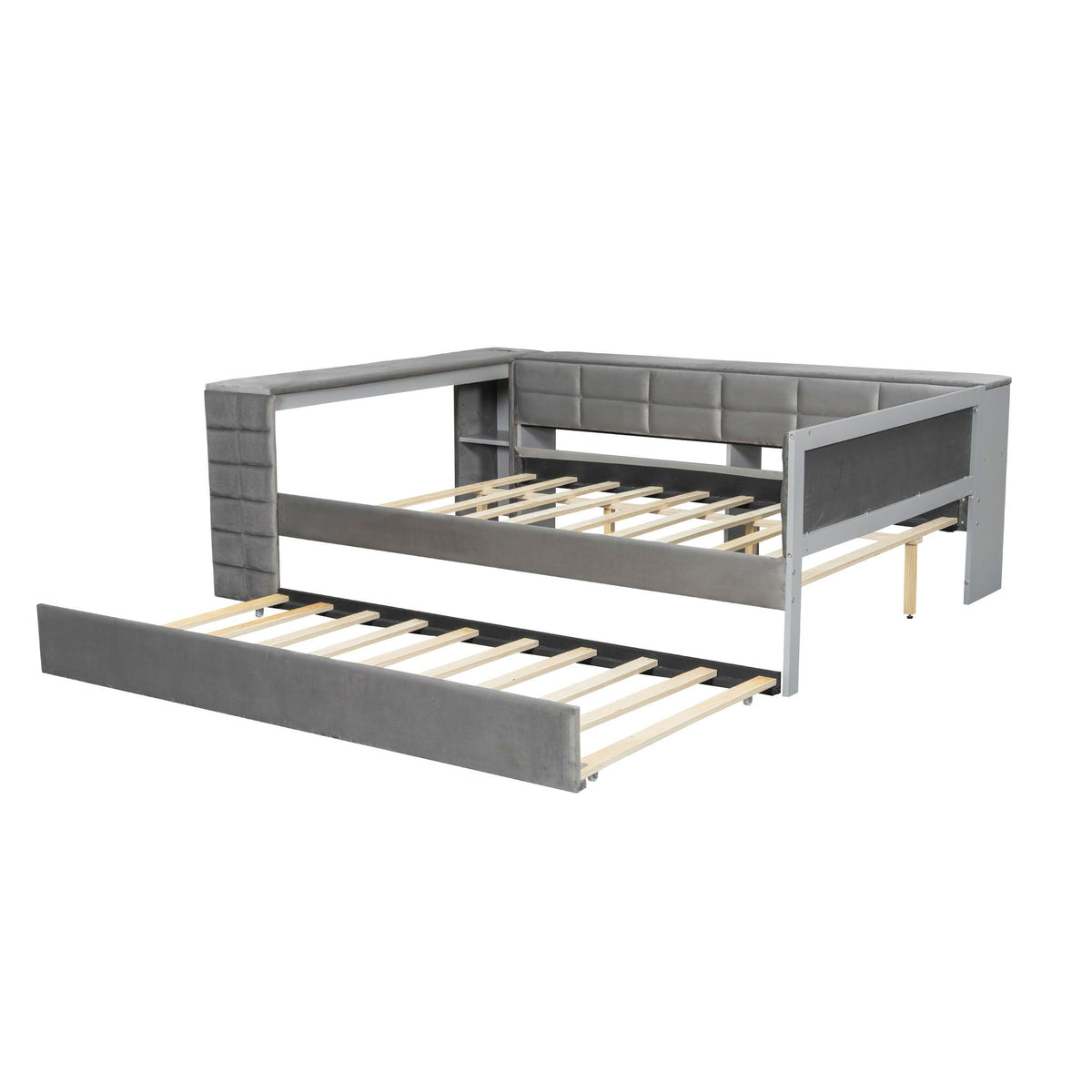 Upholstered Platform Bed with Storage Shelves, Desk, Charging Station and Trundle - Full, photo 26 of 29