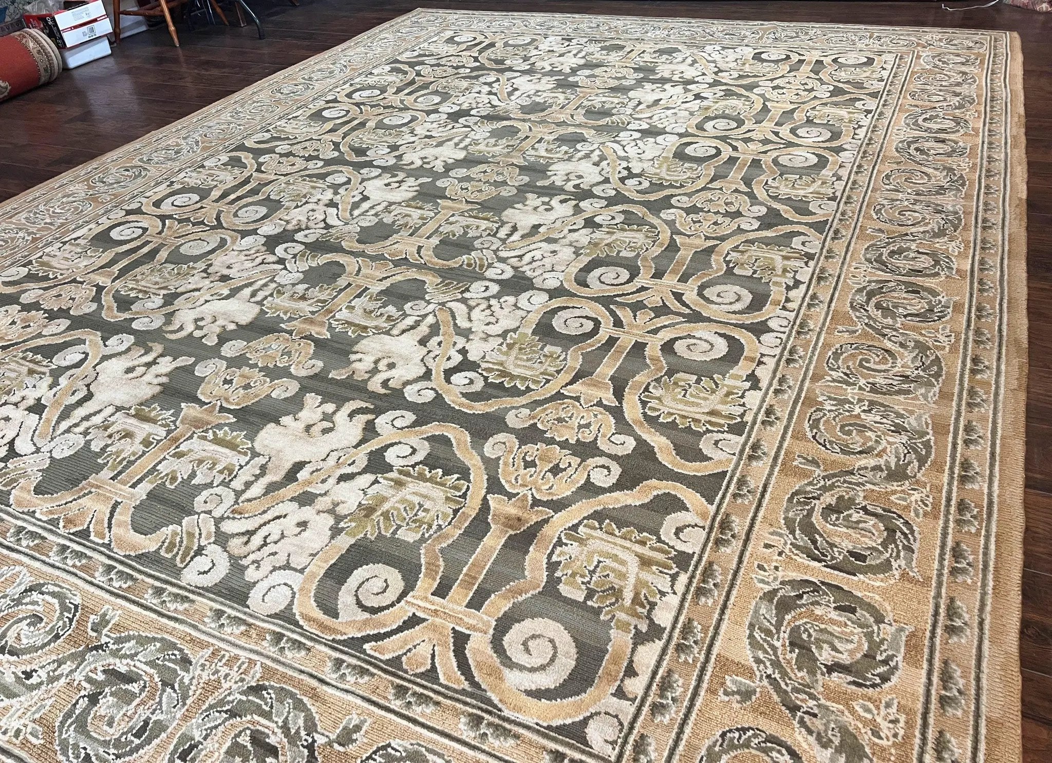 Spanish Rug 11x14, Wool Hand Knotted Vintage Carpet, Olive Green and Beige, Floral Allover, European Design, 11 x 14 Rug by Jewel Rugs
