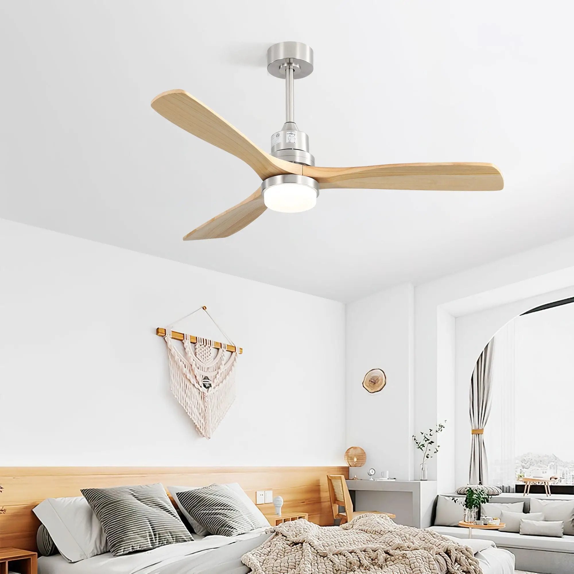 Ceiling Fan With Dimmable LED Light 6 Speed Remote 3 Wood Blade Reversible DC Motor For Bedroom - Brushed Nickel by HouseOfZazla