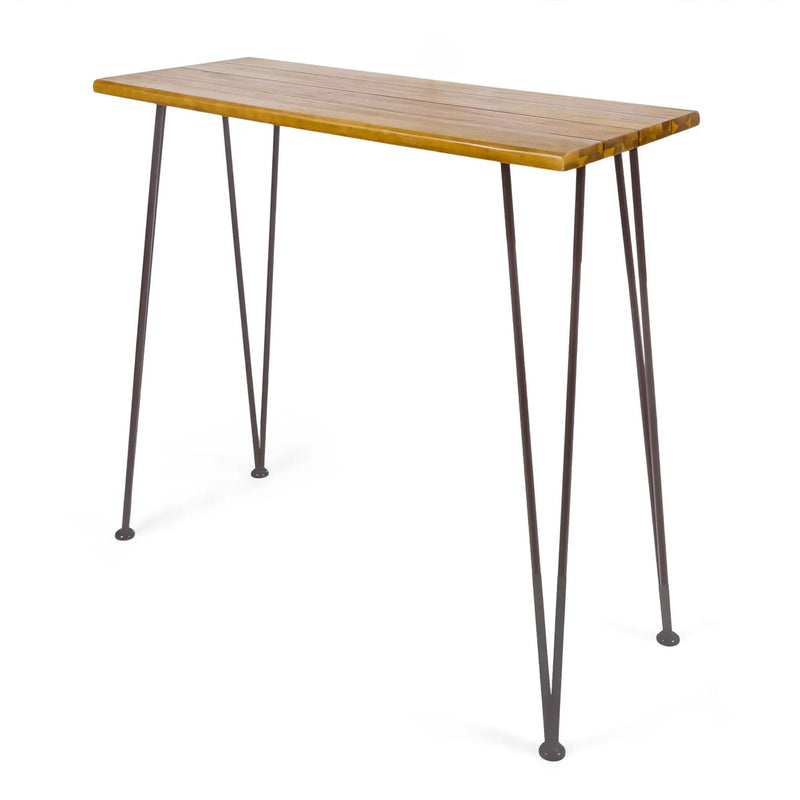 Outdoor Bar Table with Wood Tabletop and Iron Hairpin Legs - Black / Teak by HouseOfZazla