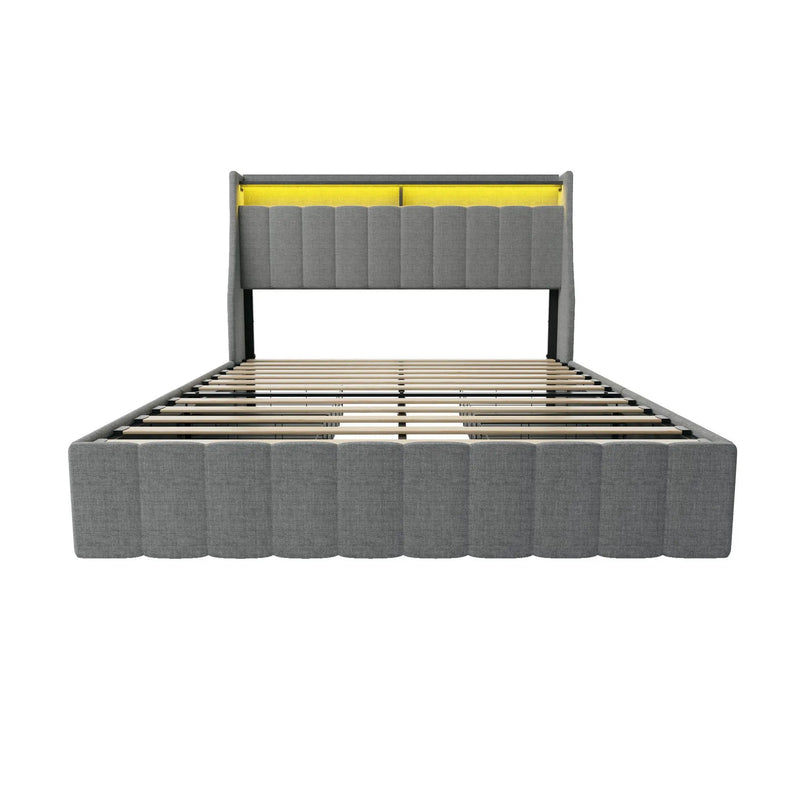 Queen Size Bed Frame With LED Lighting, Winged Headboard With Storage Drawers - Light Gray by HouseOfZazla