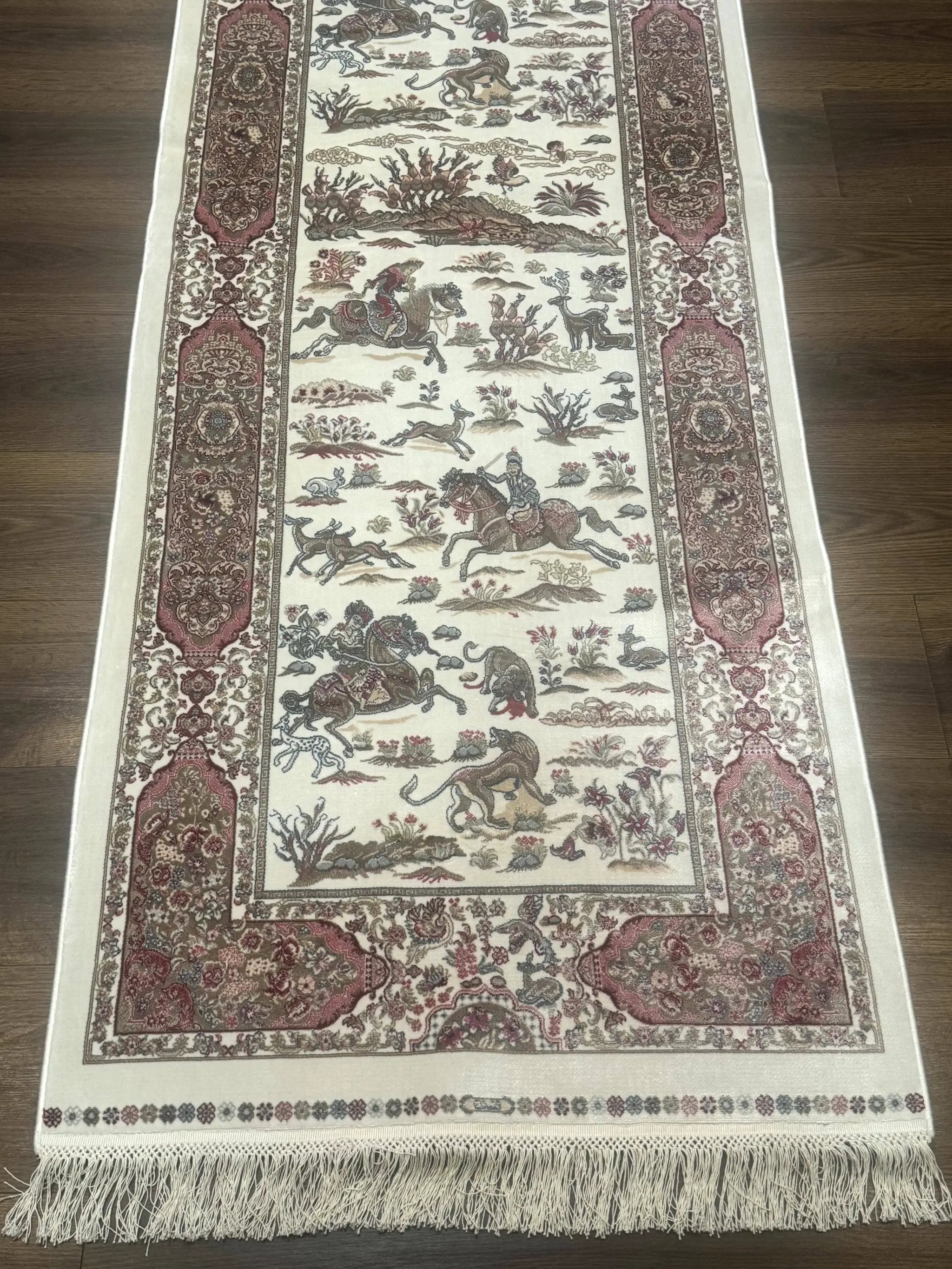 Turkish Silk Runner Rug 2.6 x 8, Hunting Design, Ivory, Bamboo Silk, New by Jewel Rugs