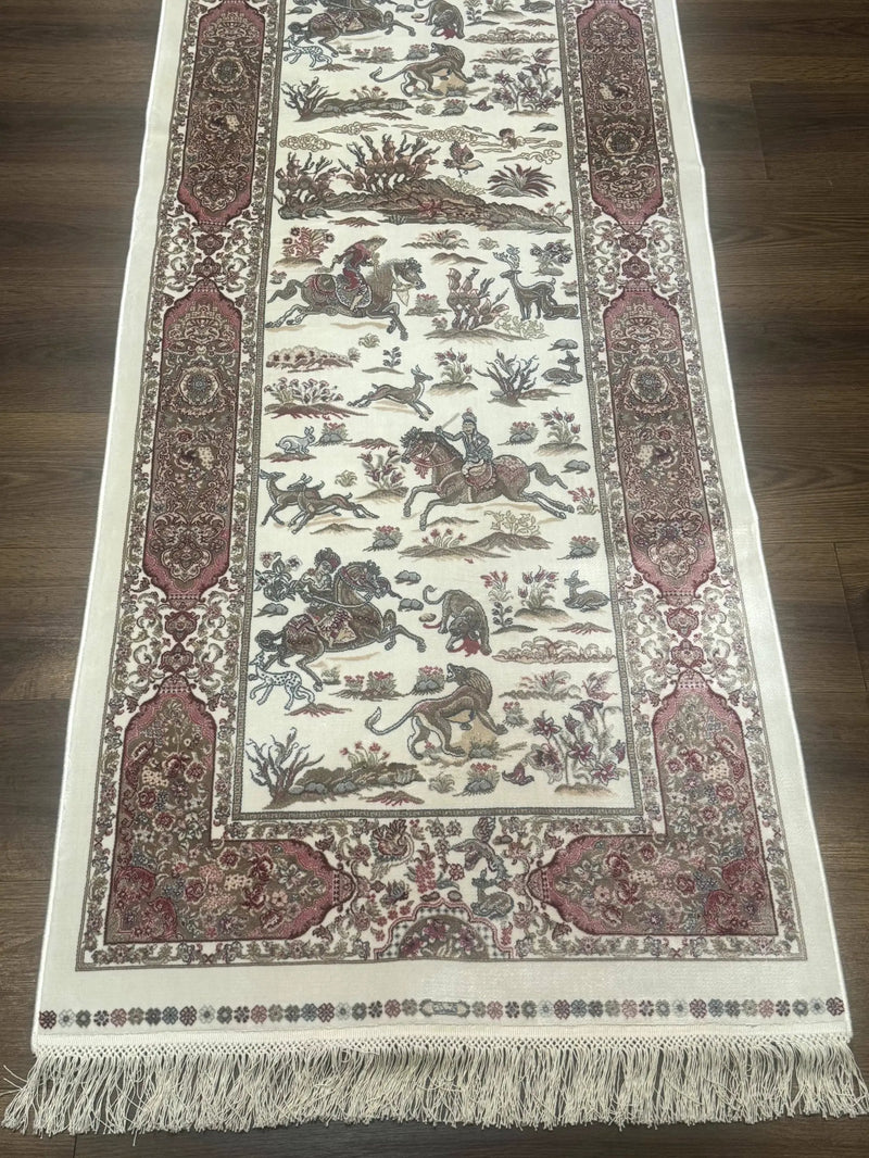 Turkish Silk Runner Rug 2.6 x 8, Hunting Design, Ivory, Bamboo Silk, New by Jewel Rugs