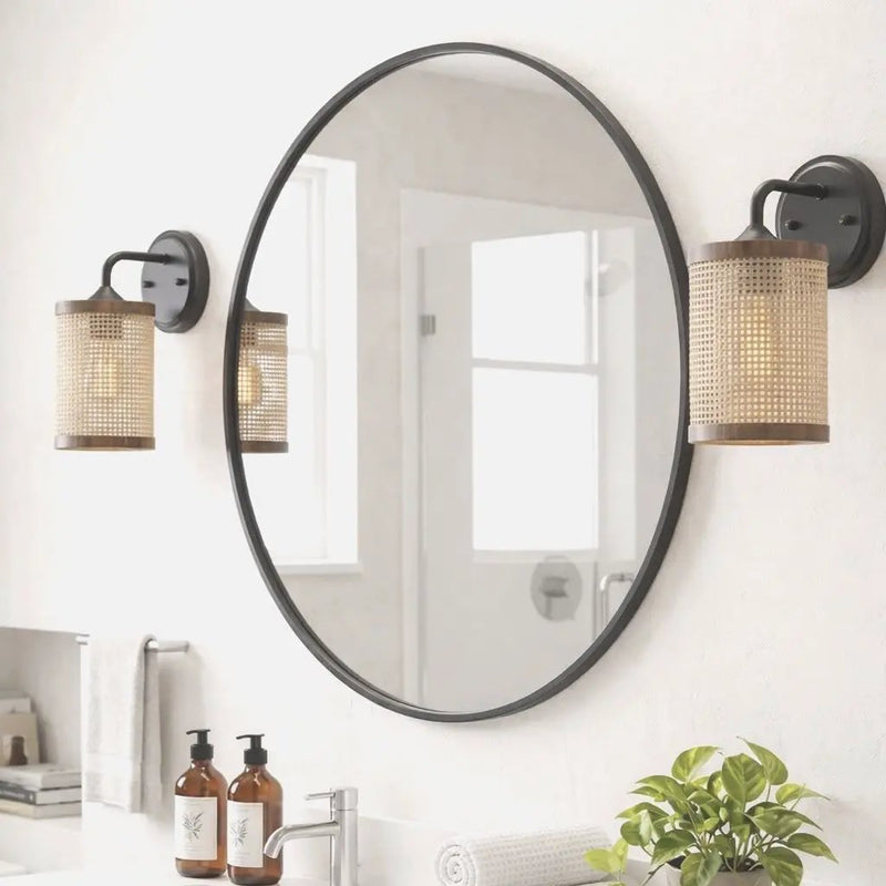 Reef - Single Lights Wall Sconce With Natural Shade Rustic Wicker Wall Light - Black / Rattan by HouseOfZazla