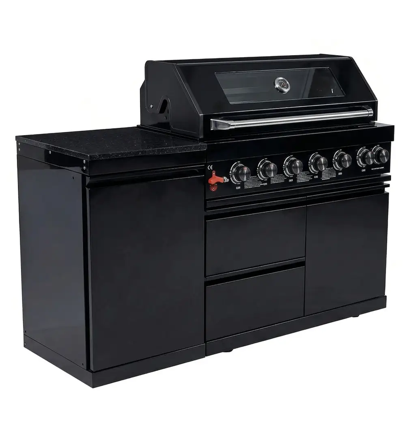 Black 6-Burner 85000 BTU Deluxe Stainless Steel Propane Gas Outdoor Kitchen Barbecue Island Grill with Marble by HouseOfZazla