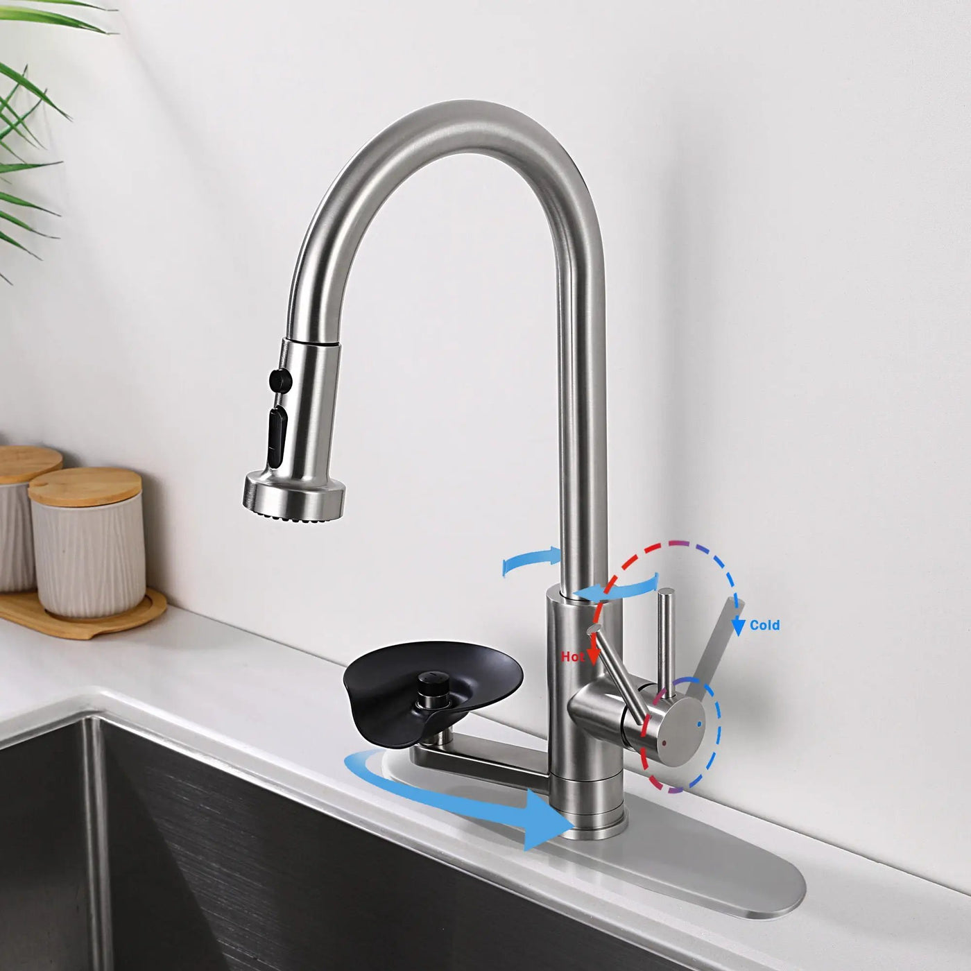 3 In 1 Kitchen Faucet With Press Type Glass Rinser, High Arc Pull Down Sprayer by HouseOfZazla