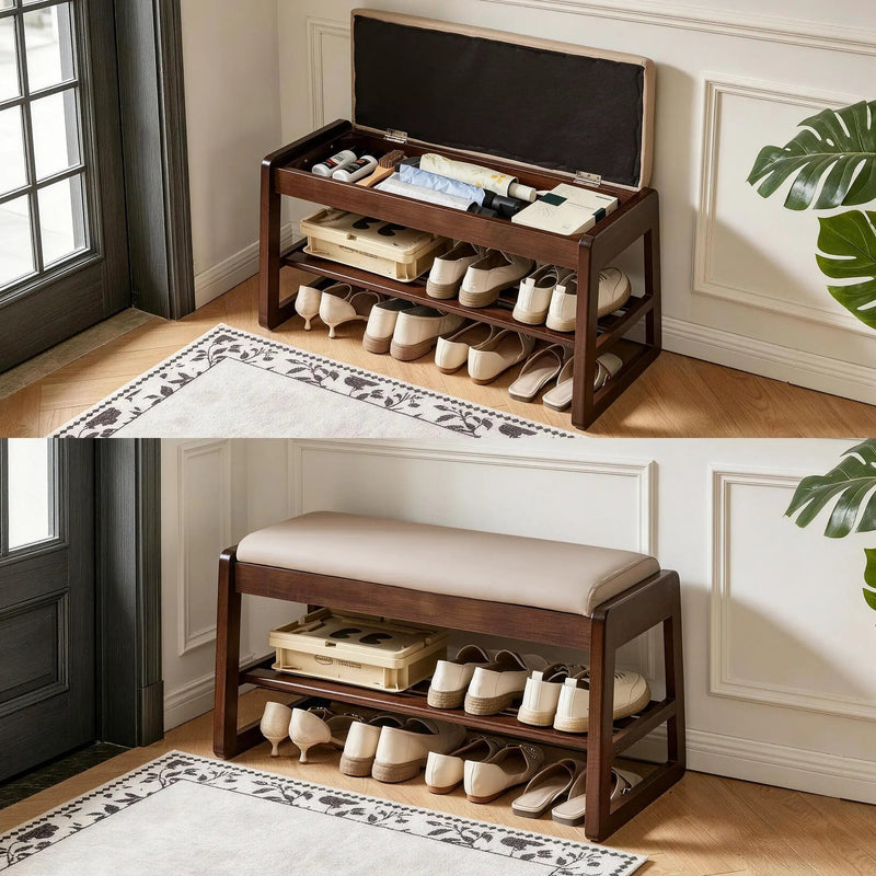 Wood Shoe Storage Bench with Premium Vegan Leather Seat by HouseOfZazla