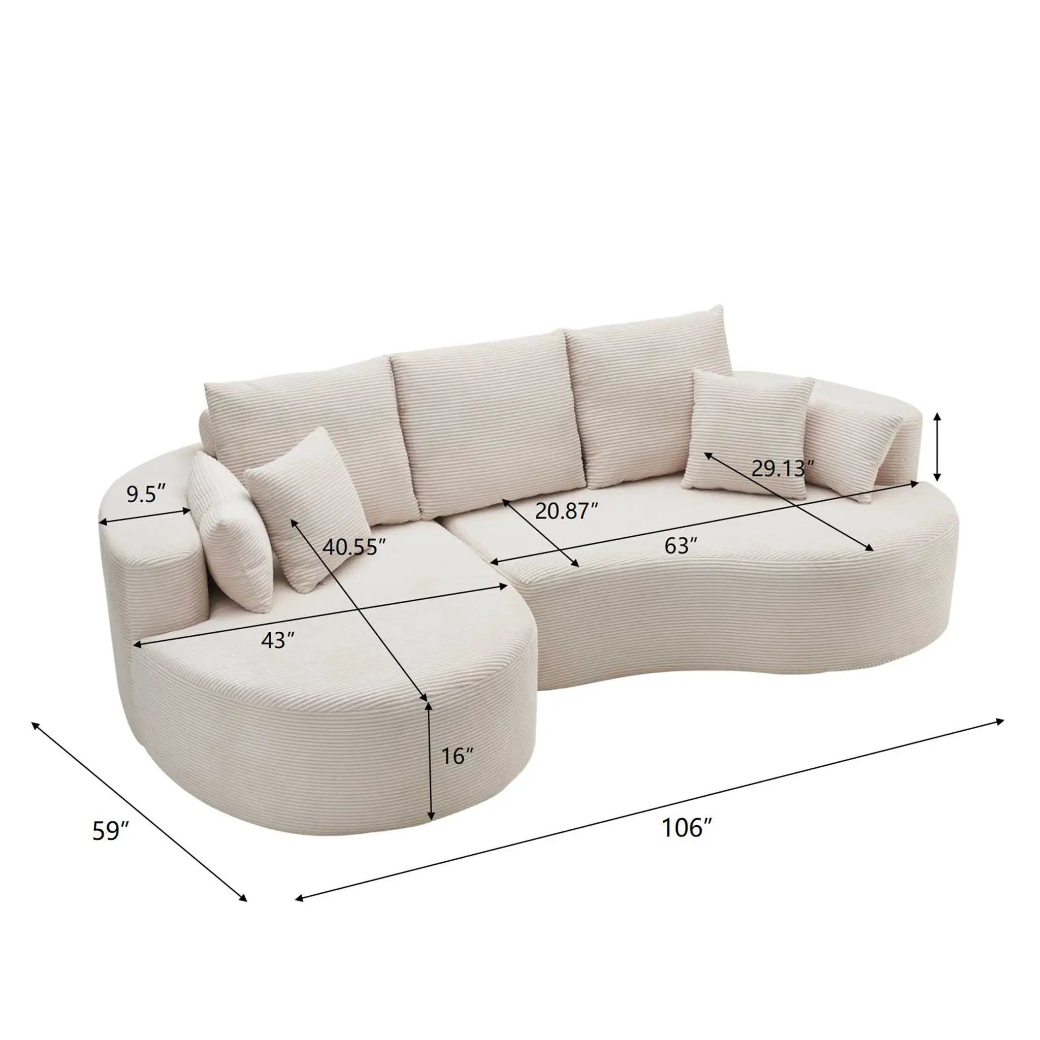 106 in. 2-Piece Fabric Cloud Curved Sectional Corduroy Sofa with Chaise by HouseOfZazla