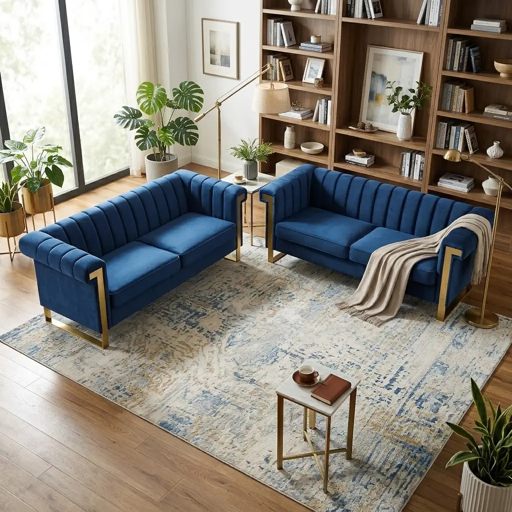 Vintage Blue Velvet 2 Piece Sofa Set by HouseOfZazla