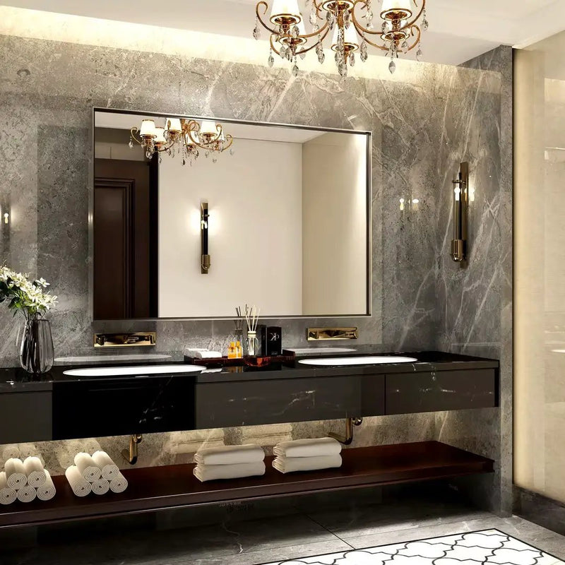 40X30" Silver Rectangular Wall-Mounted Beveled Bathroom Mirror, Square Angle Metal Frame Wall Mounted Bathroom Mirrors For Wall (Horizontal & Vertical) - Silver by Unique Piece Furniture