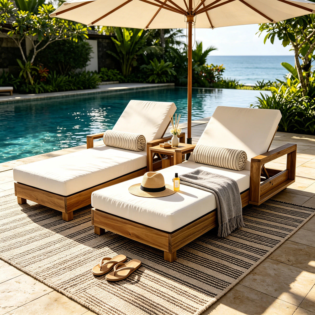 Acacia Wood Patio Chaise Lounge with Adjustable Backrest - Cream Cushion, photo 5 of 10