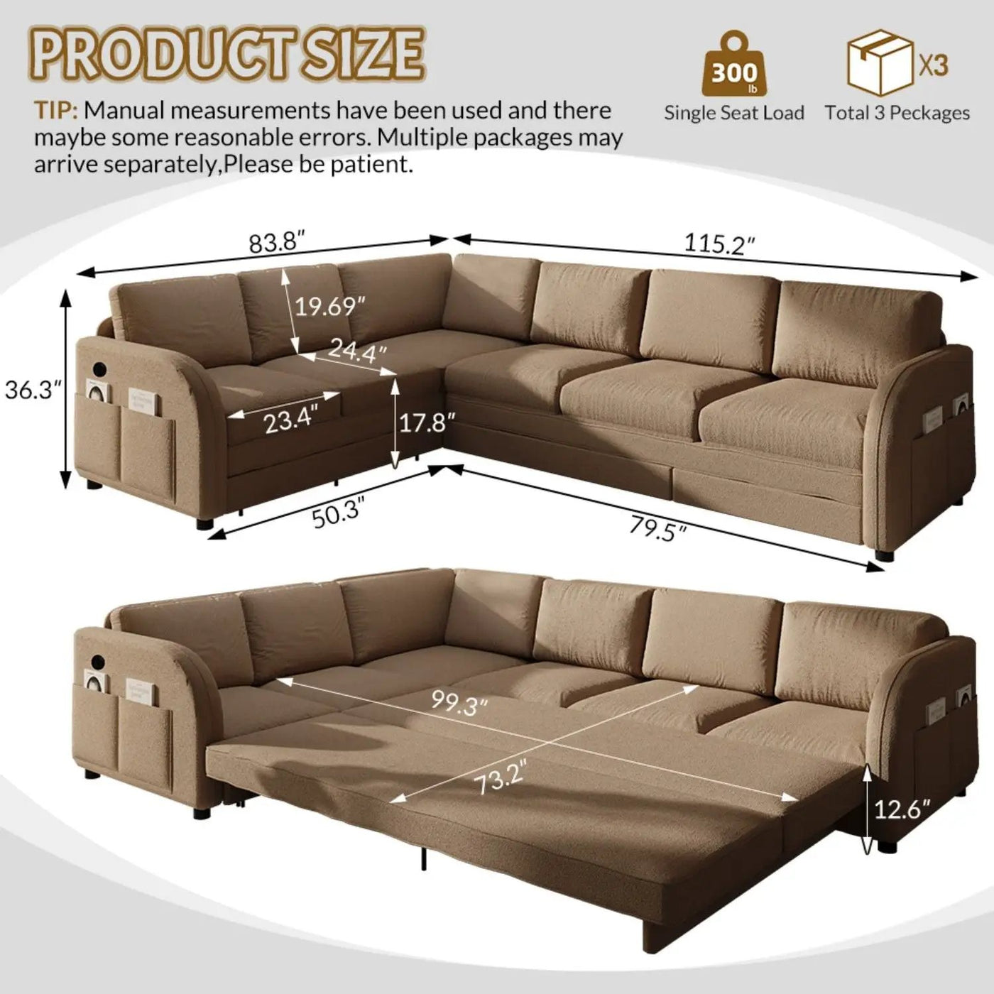 L-Shaped Couch With Pull-Out Bed, Convertible Sleeper Sofa With Side Pocket & USB Port by HouseOfZazla