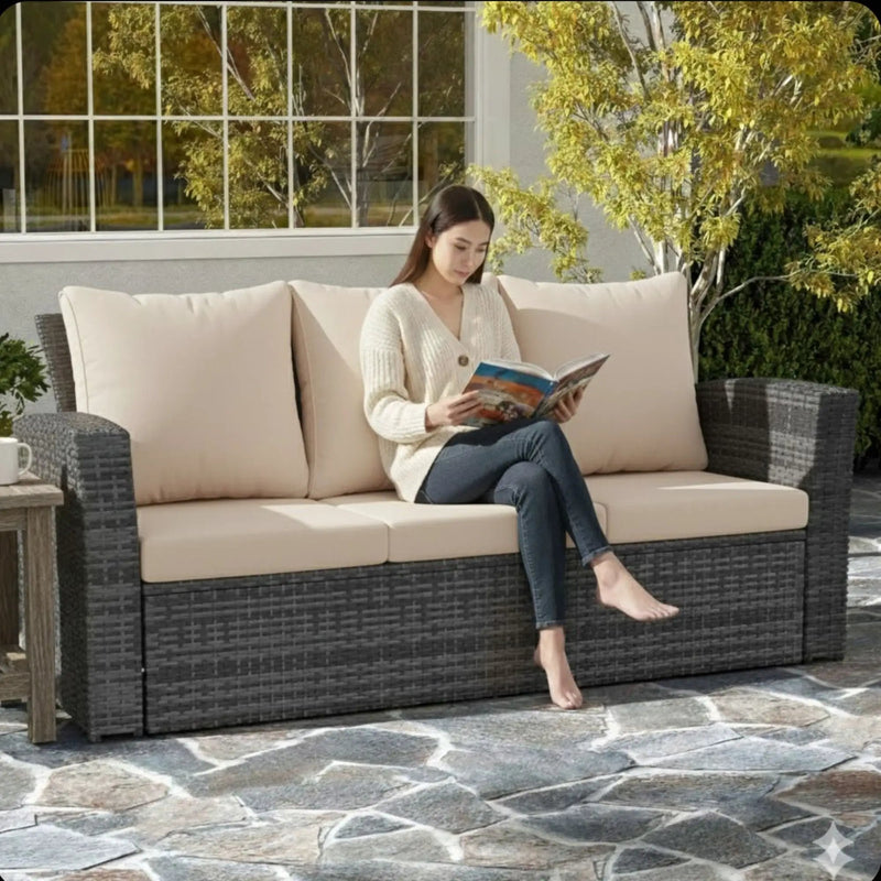 All-Weather Wicker 3 Seat Patio Sofa With Thick Cushions by HouseOfZazla