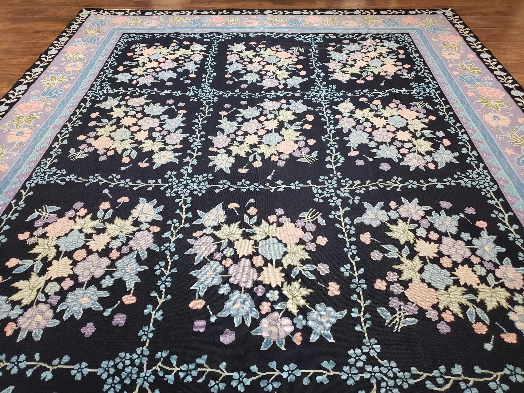 Chinese Needlepoint Rug 8 x 11.4, Hand-Woven Area Carpet, Flatweave Rug, Black Blue Light Violet Floral Garden European Design Wool Aubusson by Jewel Rugs