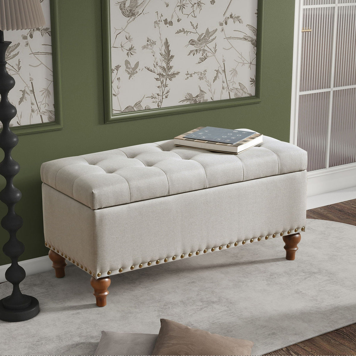 Upholstered Ottoman with Storage and Rivet Trim - Fabric, Beige or Gray, photo 7 of 8