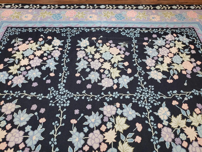 Chinese Needlepoint Rug 8 x 11.4, Hand-Woven Area Carpet, Flatweave Rug, Black Blue Light Violet Floral Garden European Design Wool Aubusson by Jewel Rugs