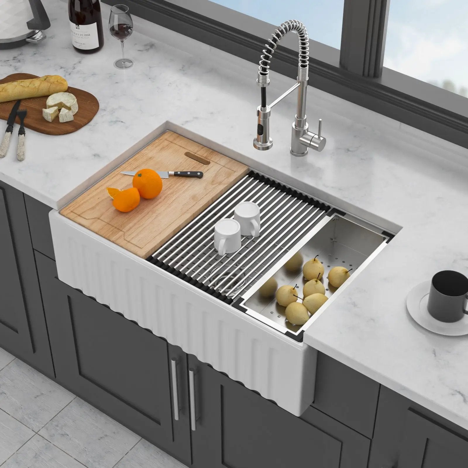 Workstation Single Bowl Apron Front Kitchen Sink - White by HouseOfZazla