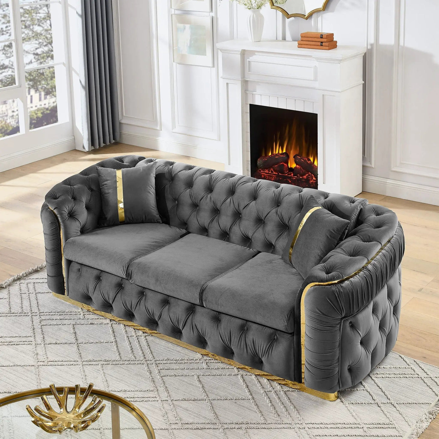Button Tufted Couch With 2 Pillows, 3 Seater Luxury Chesterfield Sofa by Unique Piece Furniture