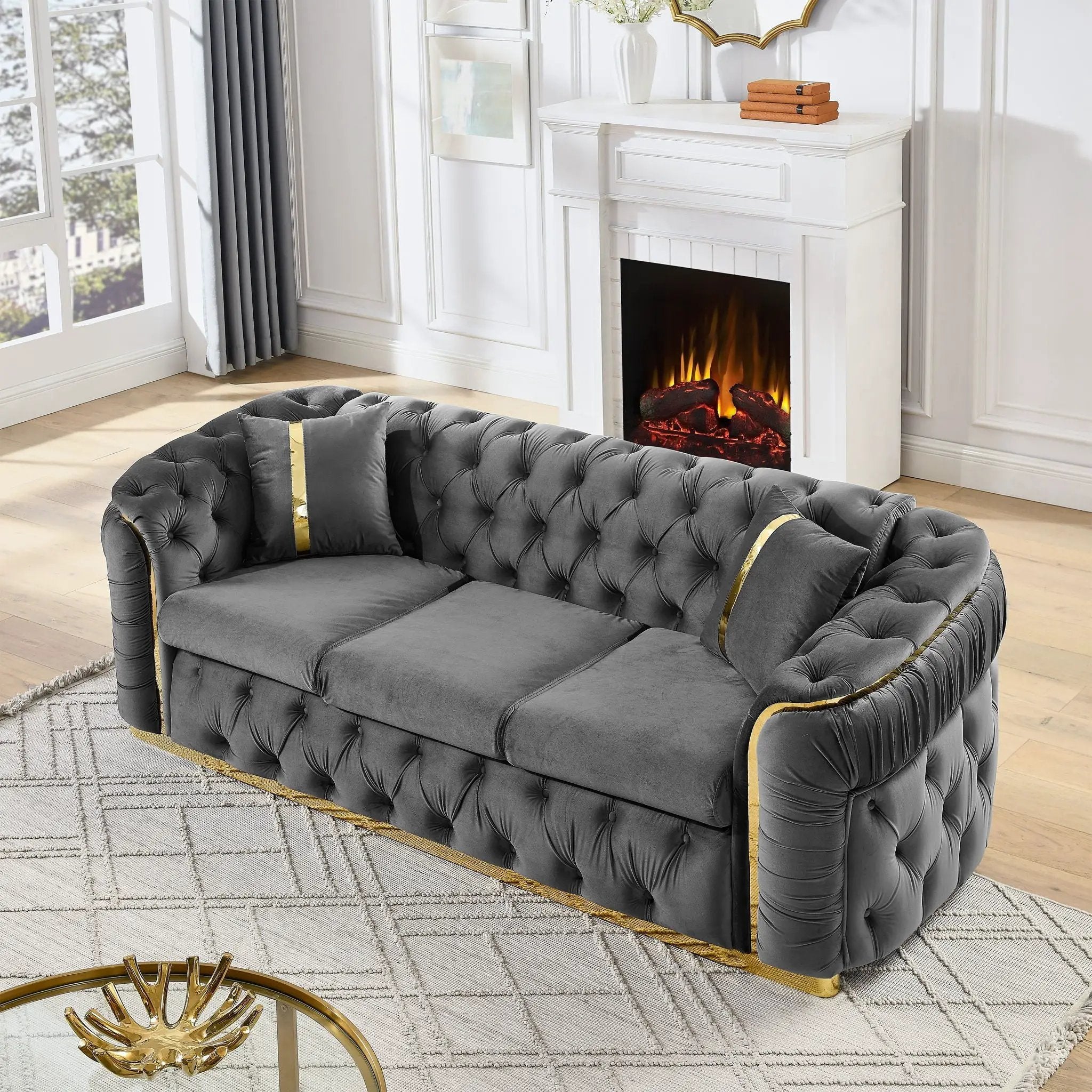 Button Tufted Couch With 2 Pillows, 3 Seater Luxury Chesterfield Sofa by Unique Piece Furniture