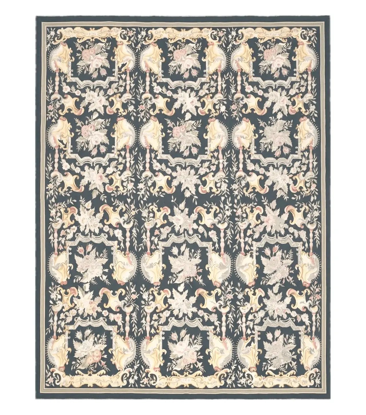 Vintage Black Aubusson Area Rug 8x10, Large Flowers Chinese Aubusson Carpet 7.9 x 10, Wool Hand-Knotted Floral Pattern Flat Weave Rug Nice by Jewel Rugs
