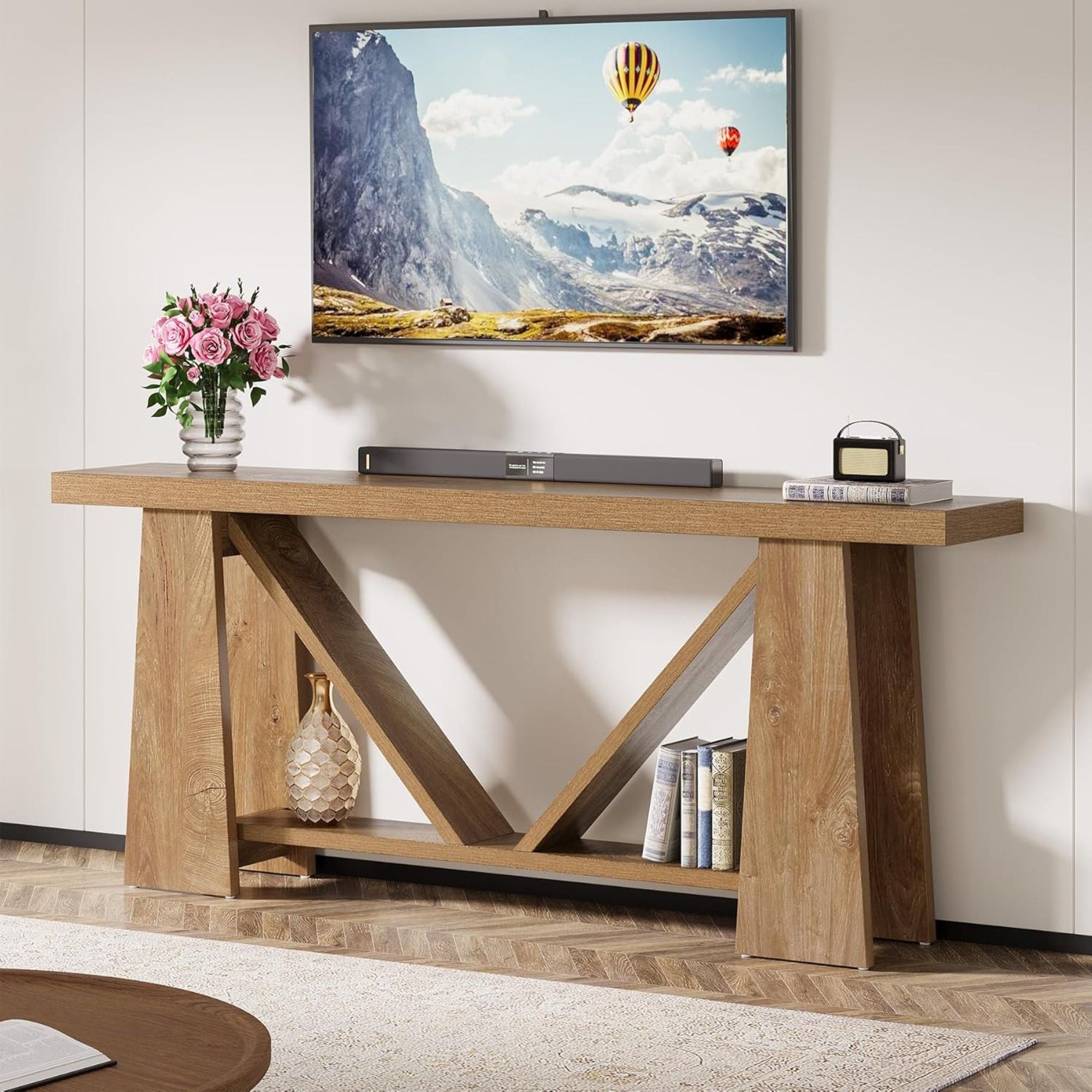 Slim 2 Tier Entryway Accent Extra Long Console Table For Living Room - Natural / Light Brown by HouseOfZazla