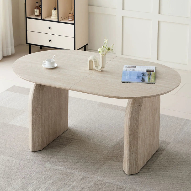 Oval Extendable Dining Table With Dual Pillar Design - Off White by HouseOfZazla