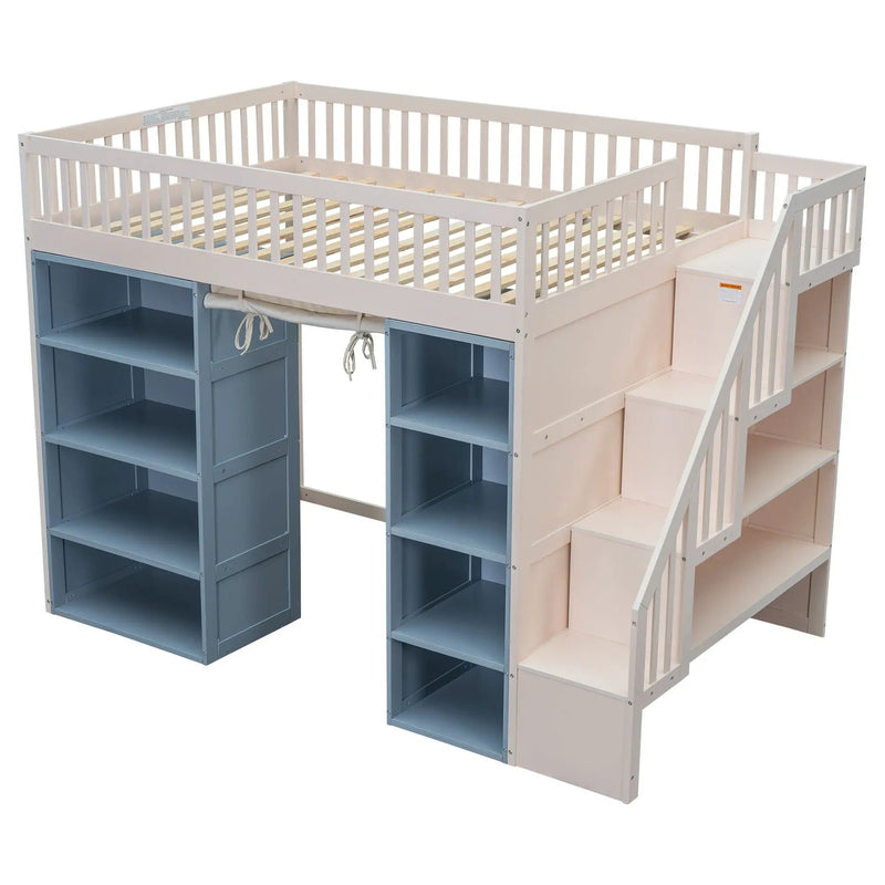 Full Size Loft Bed With 2 Four Layer Storage Cabinets And Curtain With Built In Staircase And Privacy Curtain - White by HouseOfZazla