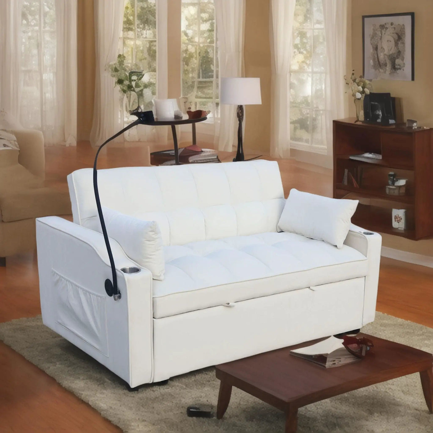 Modern Loveseat Futon Sofa With Pullout Bed, Adjustable Reclining Backrest, Toss Pillows by HouseOfZazla