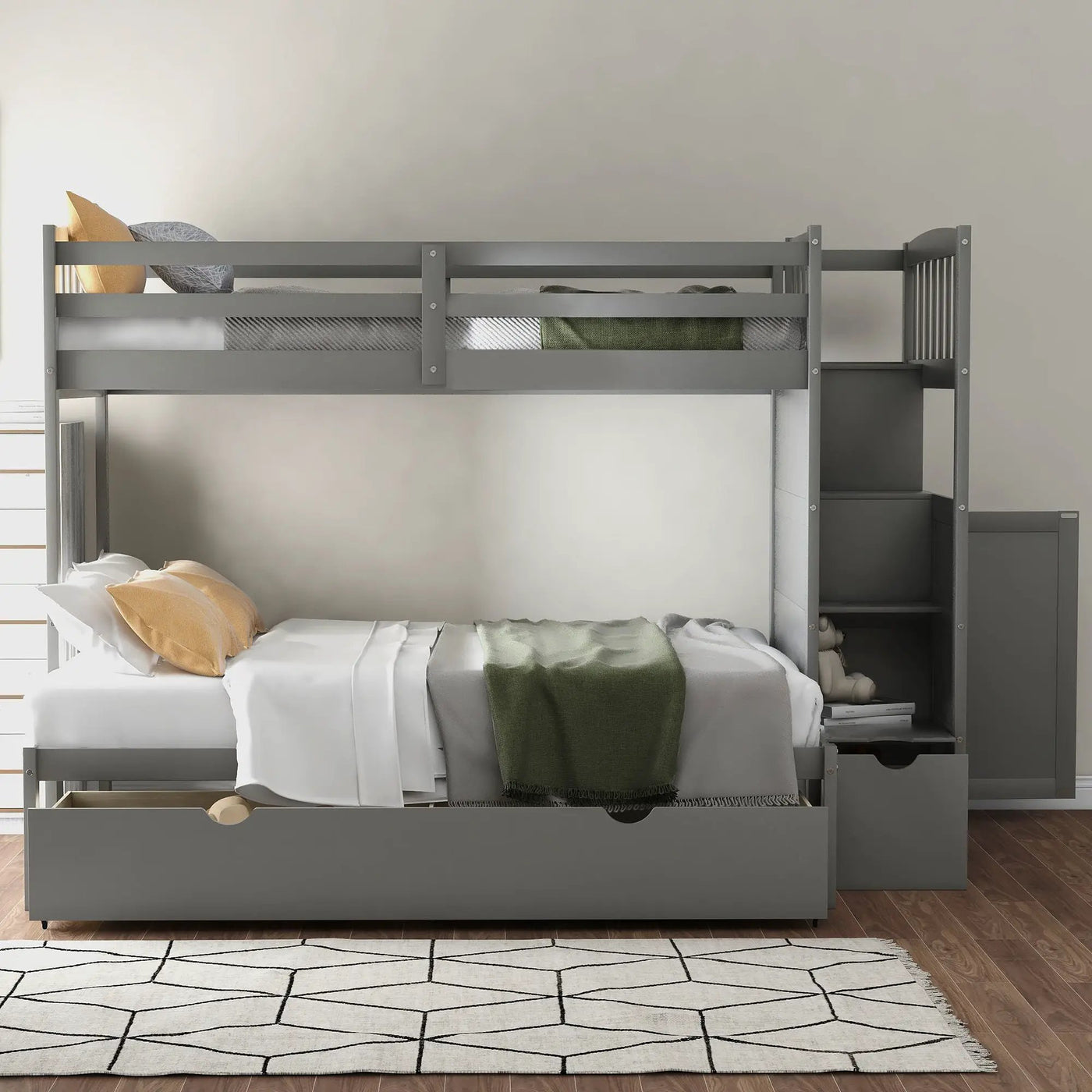 Bunk Bed, Convertible Bottom Bed, Storage Shelves And Drawers by HouseOfZazla