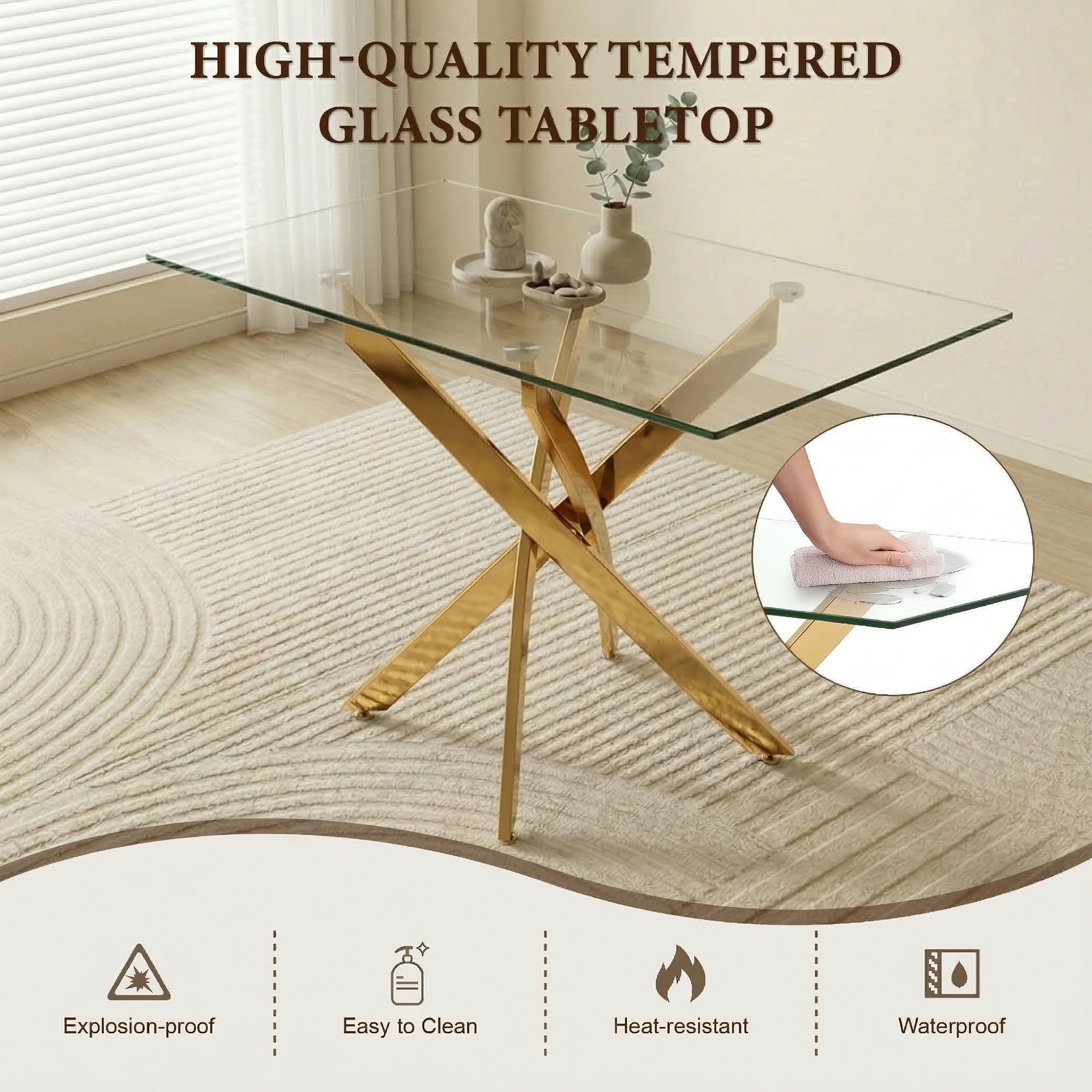 Rectangular Glass Dining Table with Gold-Plated Legs by HouseOfZazla