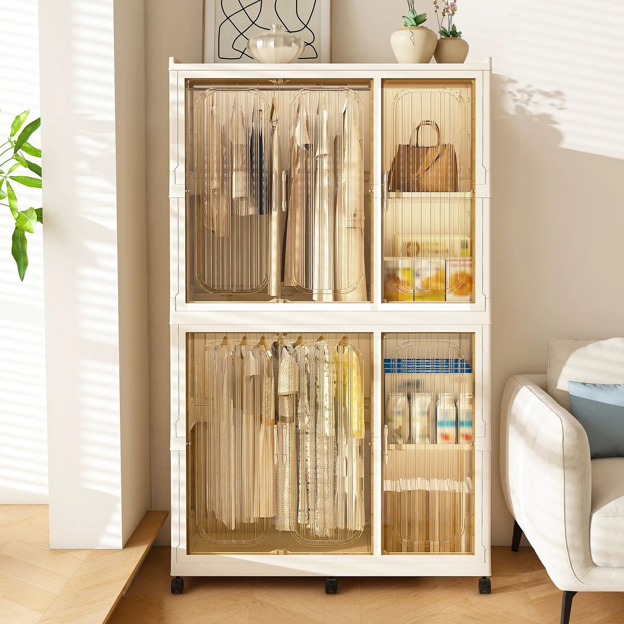 Portable Wardrobe Closet Storage Organizer For Clothes, 6 Magnetic Doors With 6 Cubes & 2 Hanging Rods, 6 Hangers - Cream White by Unique Piece Furniture