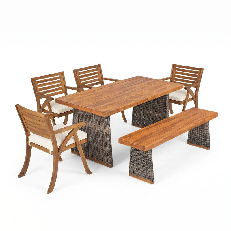 Outdoor 6 Pieces Acacia Wood Dining Set with Cushion and Handwoven Rattan Legs by HouseOfZazla