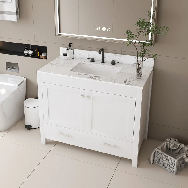 43" Bathroom Vanity With Artificial Marble Carrara Top Set, Multi Functional Bathroom Cabinet With Doors And Drawer - White by HouseOfZazla